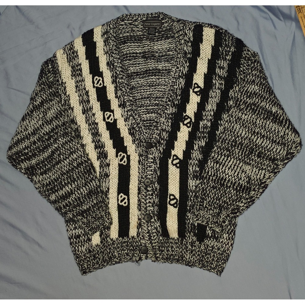 Vintage Peter England Handmade Men's Black/White Chunky Knit Cardigan Size M